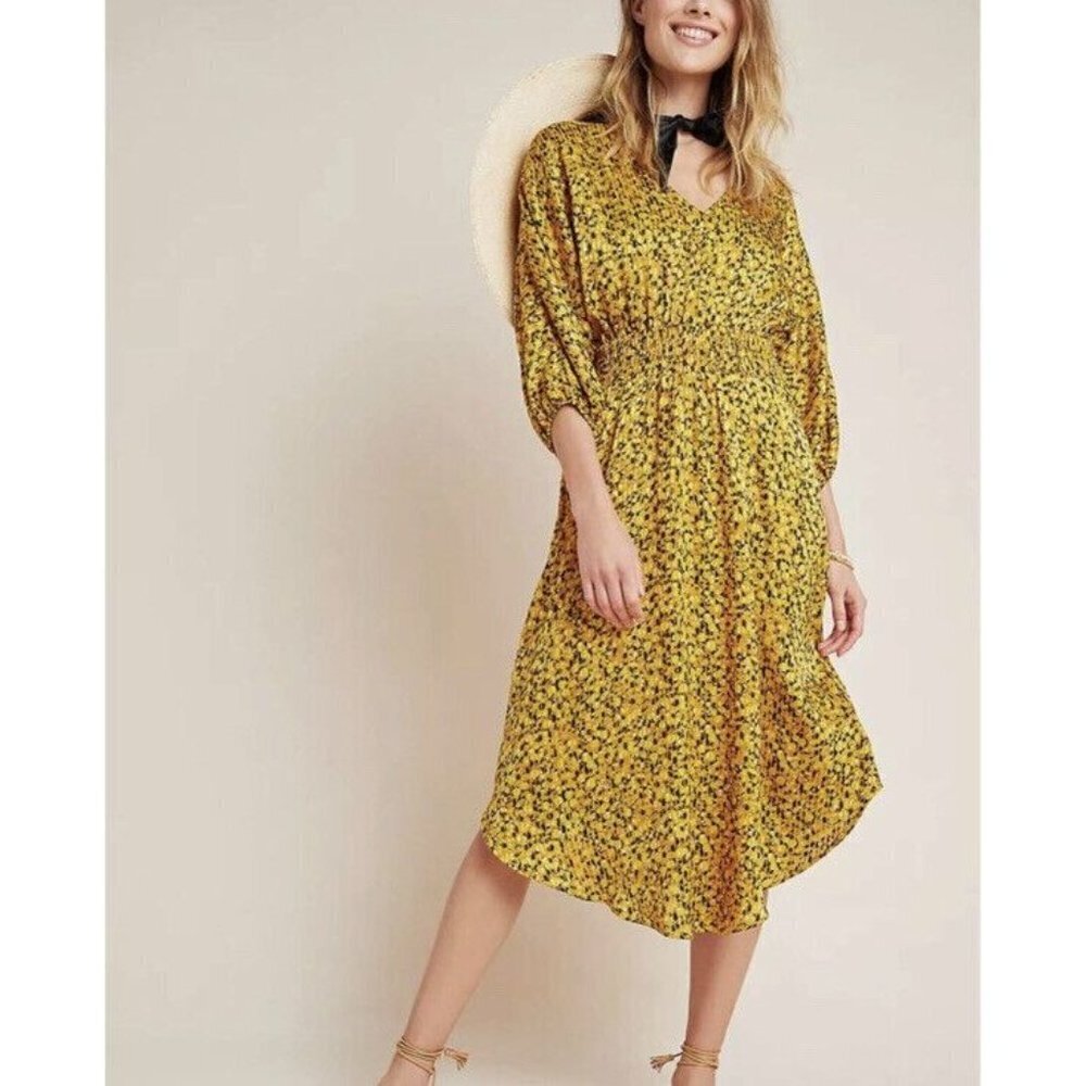 Anthropologie Marigold Midi Dress Mustard Yellow Satin‎ Sz Small NEW $168